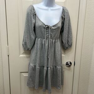 Max & Ash Gray Dress Sz Small Baby Doll Neck 3/4 Sleeve On Off Shoulder Mini